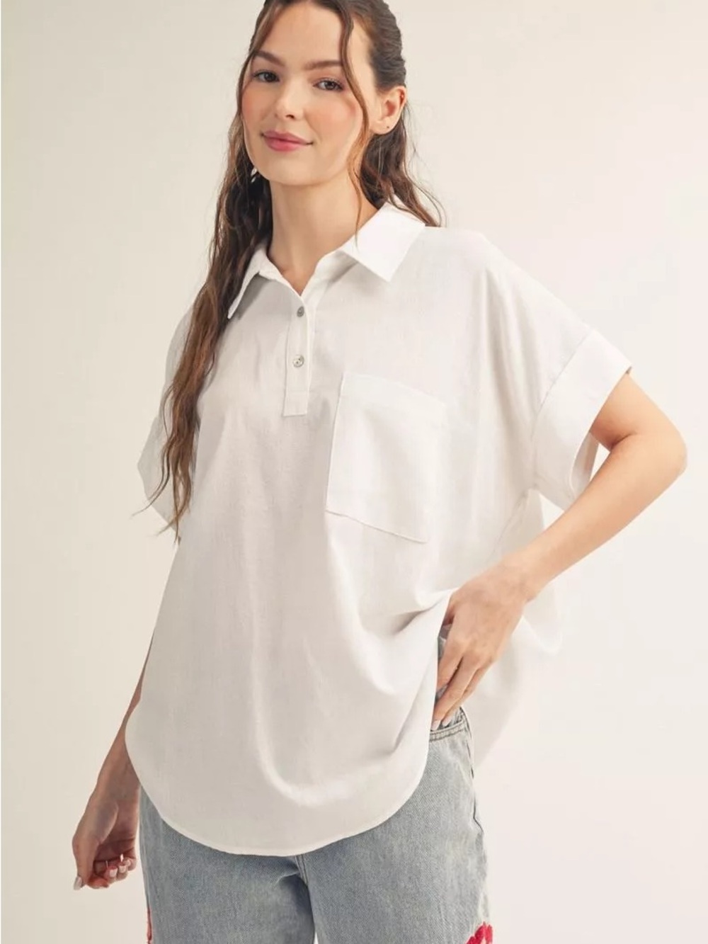 Jodifl Linen Blend Relaxed Pocket Polo Top in White NWOT Small
